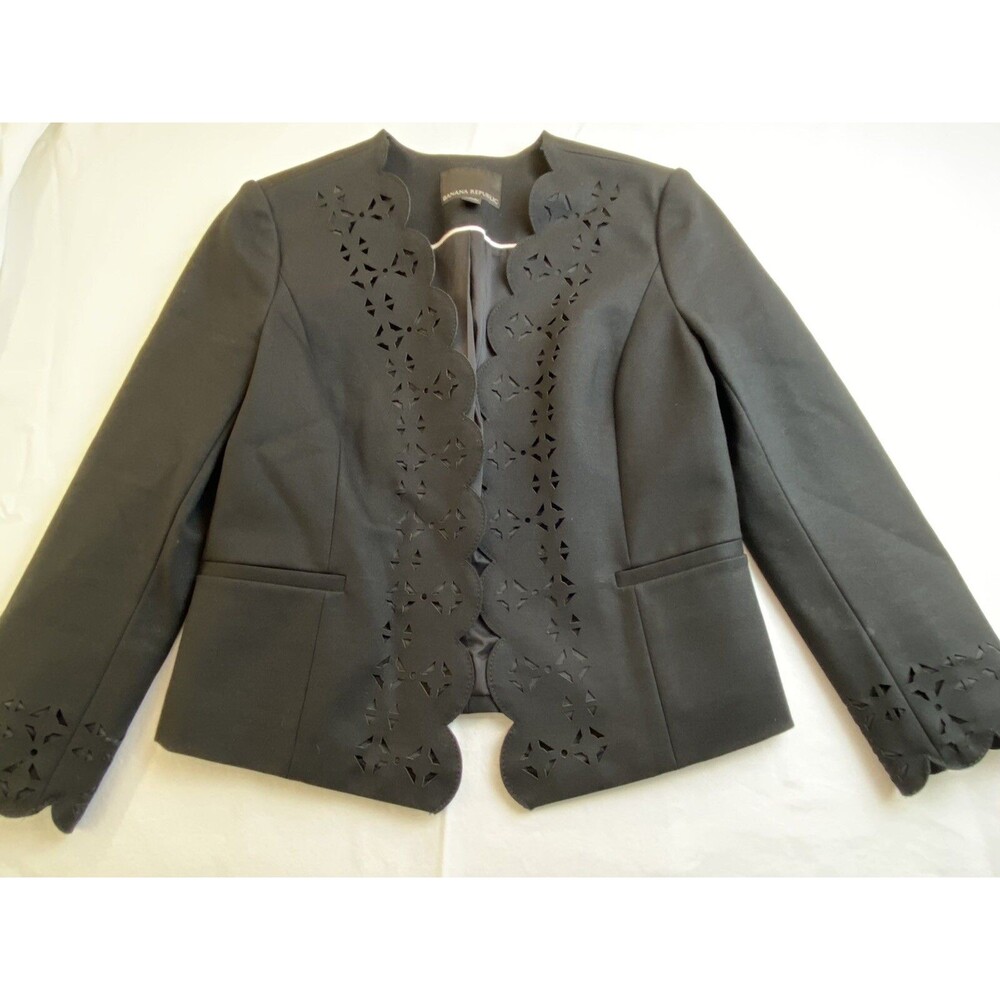 Banana Republic Black Scalloped Laser Cut Open Front Blazer Jacket 2 Geometric